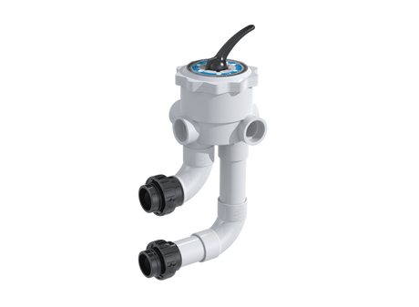 Waterway Plastics WVD001 multi-port D.E. valve with white body, black handle and union connections