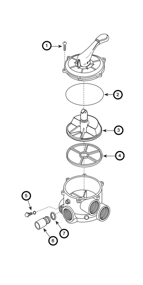 Exploded view of Waterway multi-port valve with handle, gasket, internal parts, and union connections