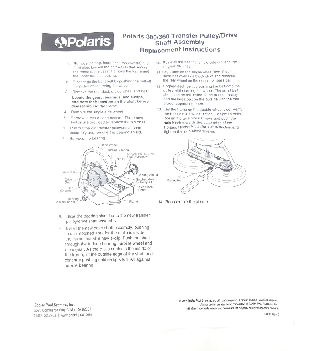Instruction Paper View -Polaris Vac-Sweep 380 / 360 and "Trade Series Exclusive" TR35P / TR36P Pressure Cleaner Trans Pulley/Drive Shaft Assembly (9-100-1007)