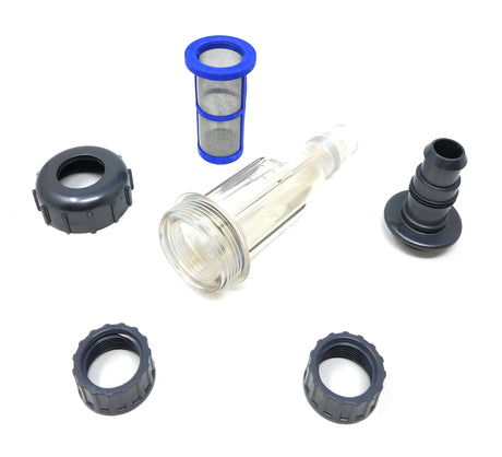 Pentair Racer inline filter kit with clear housing, mesh basket, and retaining rings for pressure-side cleaner