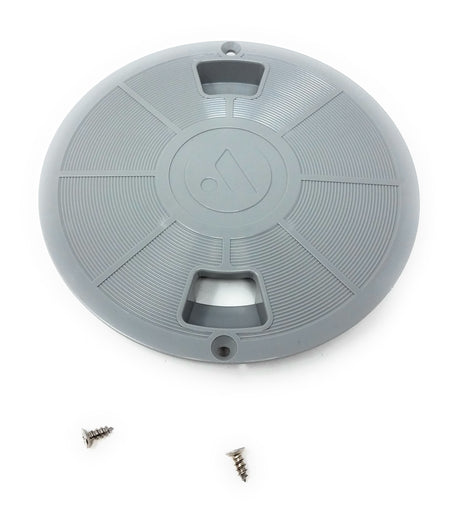 Light gray round water leveler deck lid with mounting screws, Pentair/A&A pool part 542498