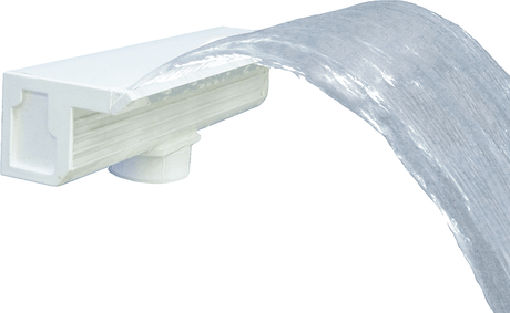 White 48-inch arch waterfall with back port, shown with flowing water from the lip outlet