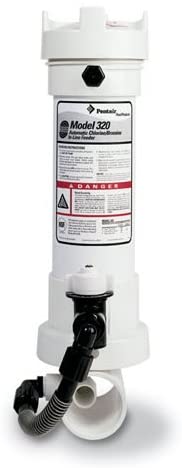 Pentair Model 320 inline chlorine and bromine feeder with black adjustment valve and white housing