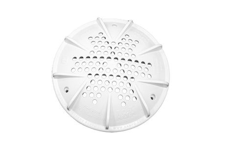 White 10-inch round pool drain cover with perforated vent pattern and ribbed design
