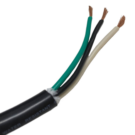 Three-conductor black power cable with green, black, and white wires exposed at the end