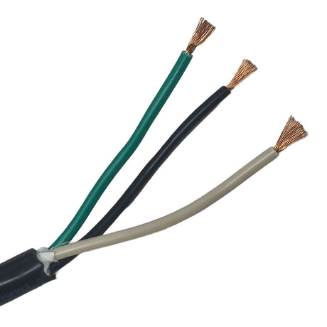 Three-conductor spa light cable with green, black, and white wires exposed at the ends
