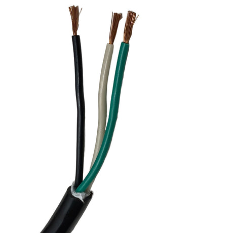 Three-conductor spa light cable with black, white, and green wires stripped at the ends