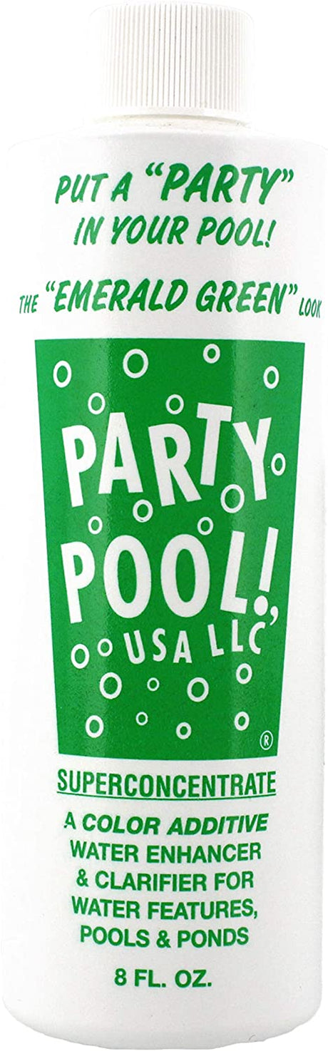 Bottle of Party Pool emerald green pool color additive, 8 fl. oz.