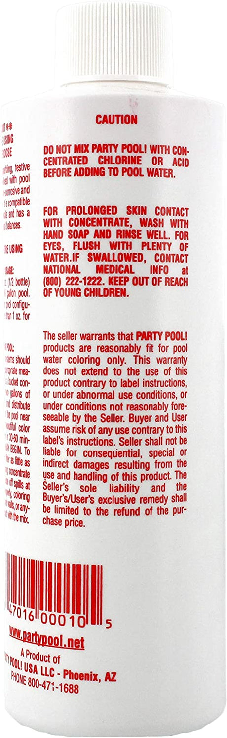 Back of Party Pool Rockin' Red pool color additive bottle with caution label and barcode