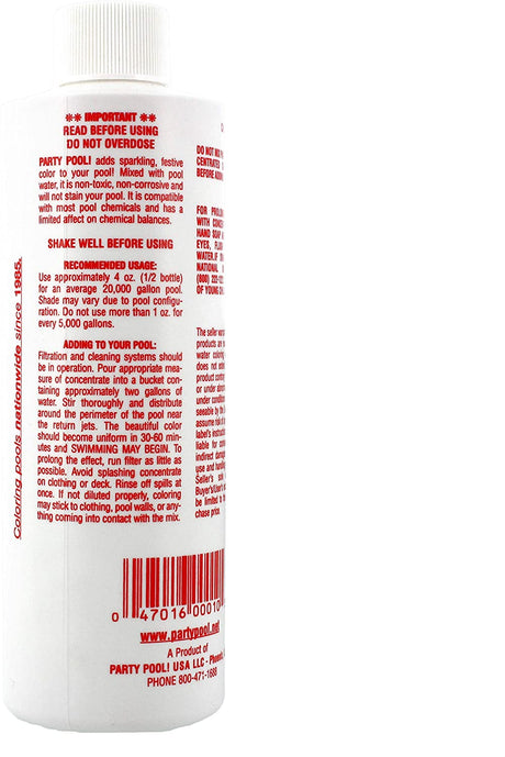 White Party Pool color additive bottle with red label text on a white background