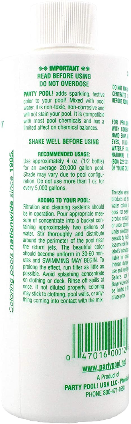 Back of Party Pool green pool color additive bottle with usage instructions and barcode