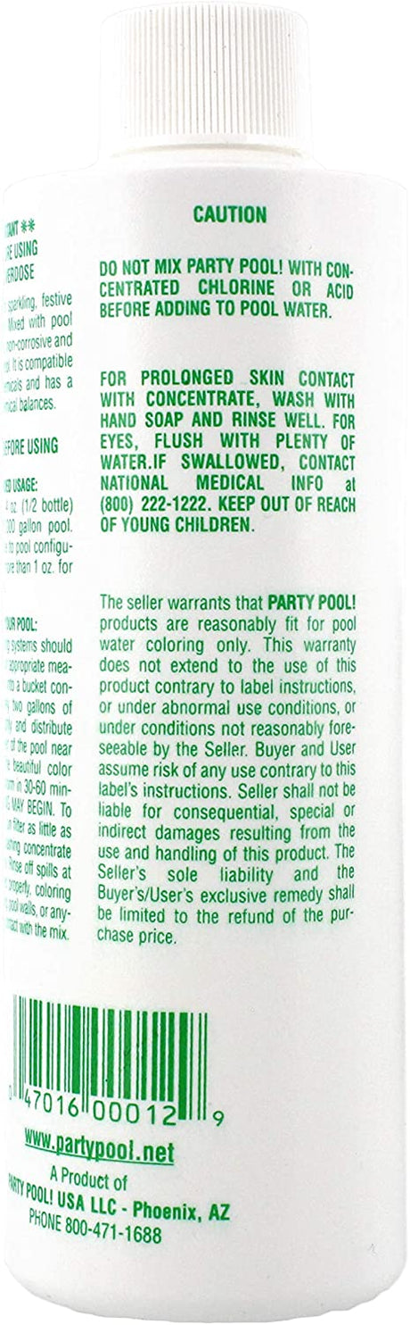 Back label of Party Pool color additive bottle with caution and usage instructions, barcode, and company website in green text.