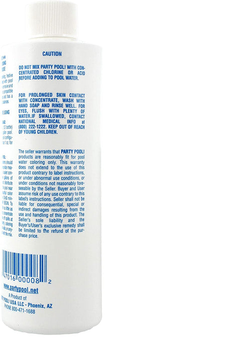 Back label of Party Pool Blue Lagoon pool color additive bottle with caution and usage instructions