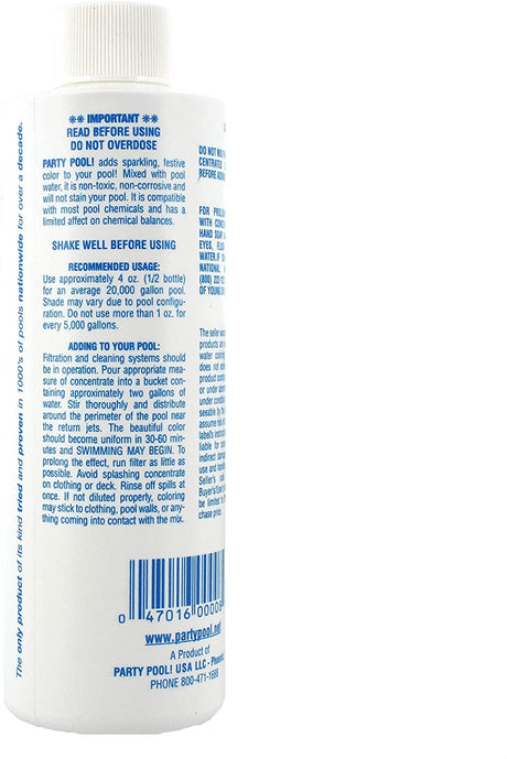 Back of Party Pool Blue Lagoon pool color additive bottle with usage instructions and barcode