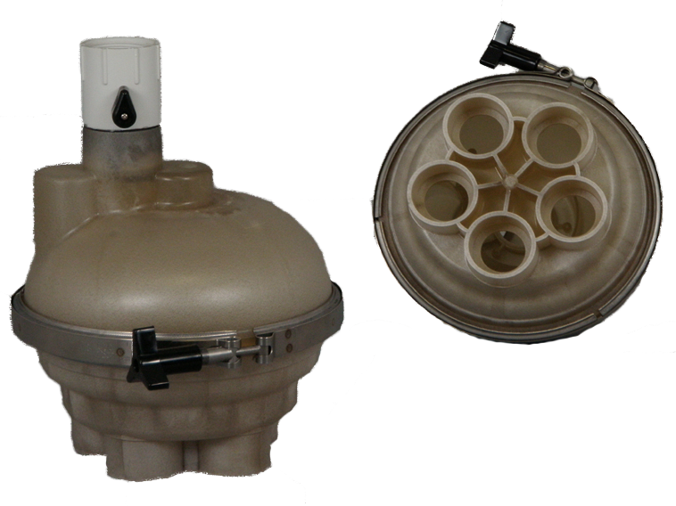 Front View and View of Bottom - A&A Top Feed Complete 1.5" 5 Port Actuator T-Valve w/ QuikStop - ePoolSupply