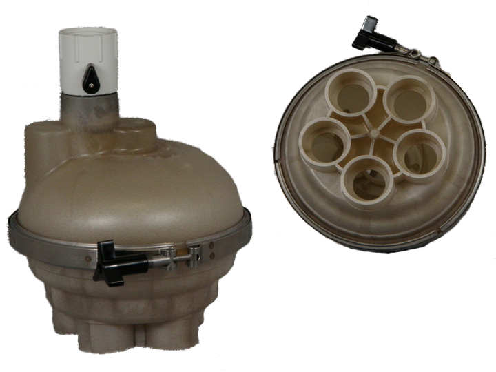 Front View and View of Bottom - A&A Top Feed Complete 1.5" 5 Port Actuator T-Valve w/ QuikStop - ePoolSupply