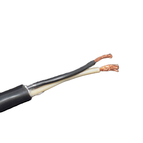 Black and white two-conductor cable with exposed copper wire ends
