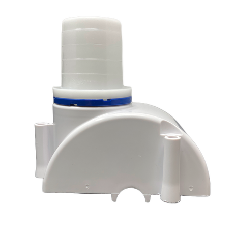 White Poolvergnuegen upper body turbine cover with blue locking ring and molded mounting posts