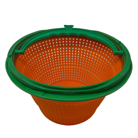 Orange and green universal pool skimmer basket with perforated sides and locking rim