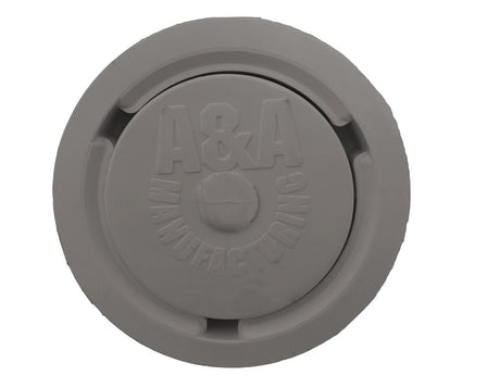 Gray A&A low flow pop-up head with circular face and embossed logo