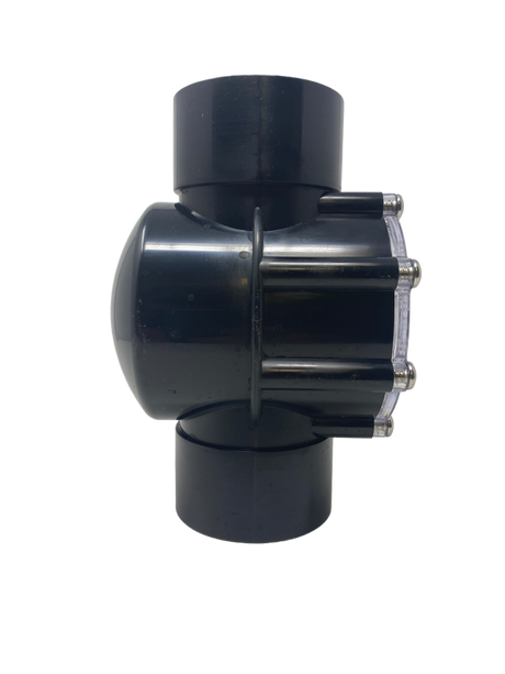 Pentair 2-inch black PVC check valve with clear side cover and vertical inlet and outlet ports