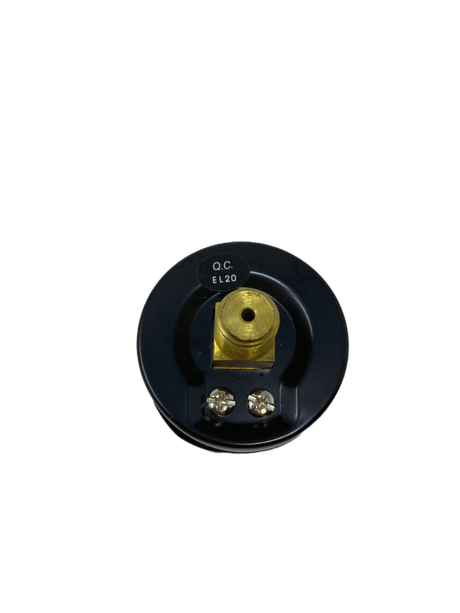 Back view of black pressure gauge with brass threaded connection and two terminal screws