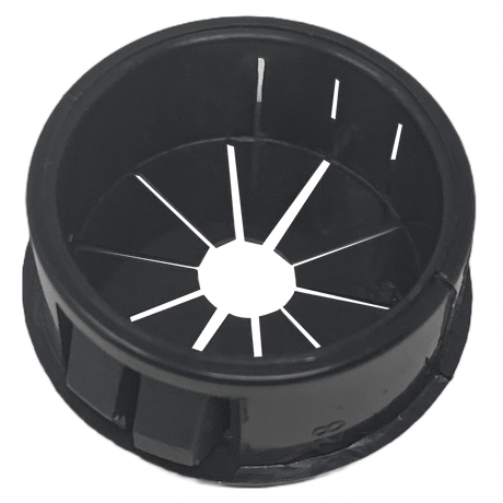 Black plastic 1-inch bushing with ribbed interior opening and slotted sides