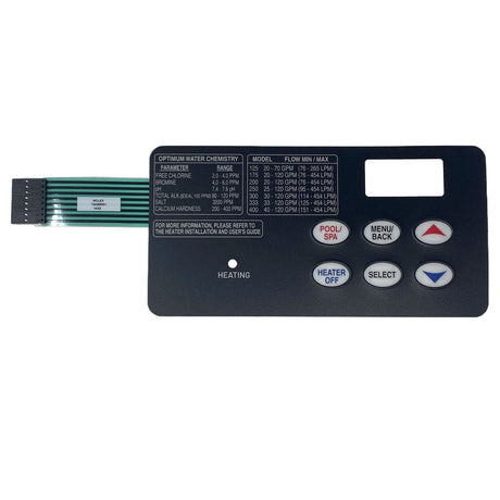 Pentair pool and spa heater control panel keypad with display window and ribbon cable