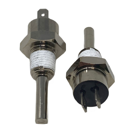 Two heater sensor probes with threaded metal fittings and electrical terminals