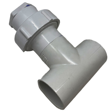 Gray PVC T-shaped pipe fitting with a threaded union connector and angled side branch