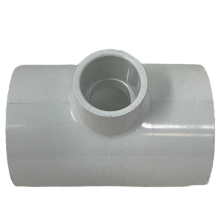 Gray PVC tee fitting with side inlet opening for pool cleaning system plumbing