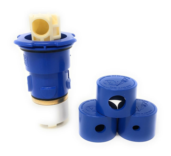 Front View of All Pieces - Paramount PV3 Pop Up Head with Nozzle Caps (Blue) - ePoolSupply