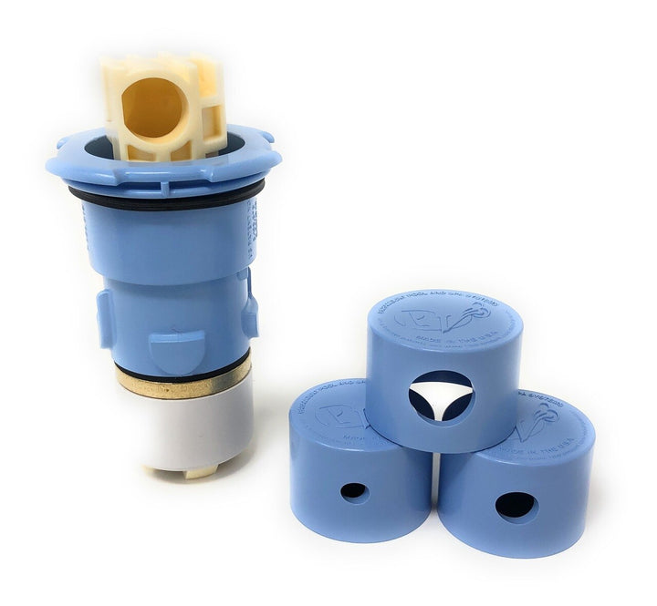Front View of All Pieces - Paramount PV3 Pop Up Head with Nozzle Caps (Light Blue) - ePoolSupply
