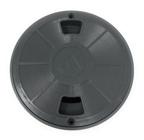 Dark gray Quik Water Leveler lid and ring, top view
