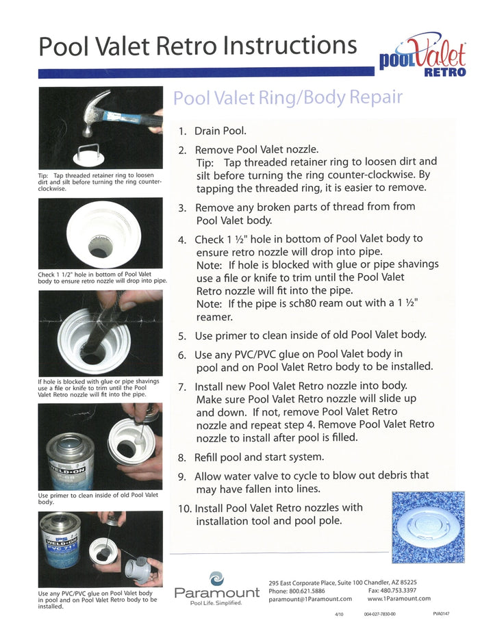 View of Ring/ Body Repair Instructions - Paramount Pool Valet Retro Single Head Kit (White) - ePoolSupply