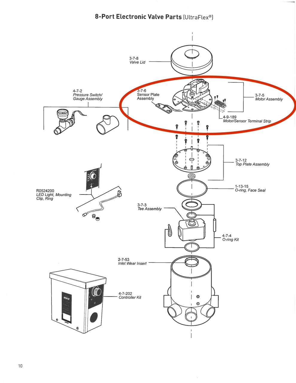 View of Manual with Part Circled Red - Caretaker Ultra Flex 8-Port Motor Assembly - ePoolSupply