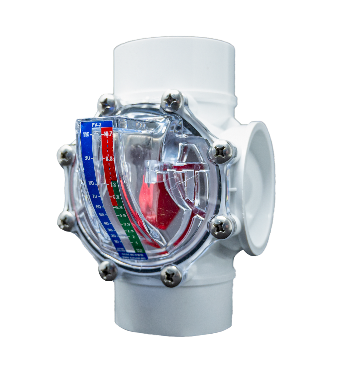 Angled Side View - White FlowVis GPM Flow Meter Valve for 2" & 2.5" Pipes (FV-2)