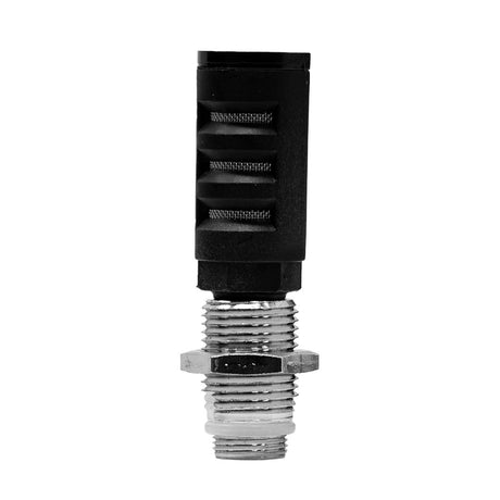 Black threaded inline water filter fitting with metal connector and hex nut