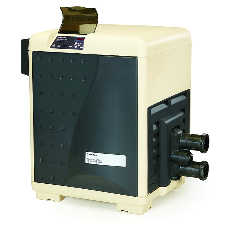 Pentair MasterTemp 400 pool heater with beige and black cabinet and front plumbing connections