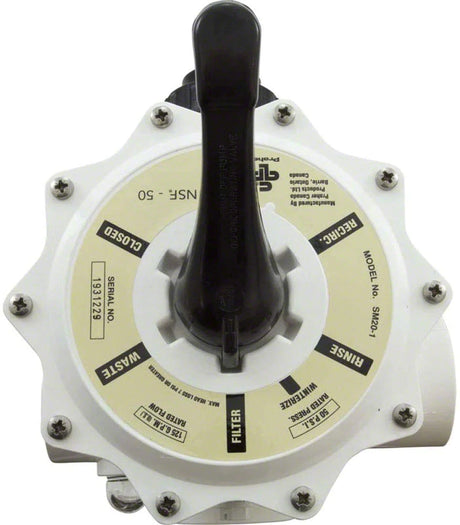 Waterway 2-inch multi-port pool valve with black top handle and union connections, top view