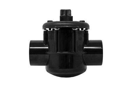 Black 3-port CPVC diverter valve with side inlet and outlet ports