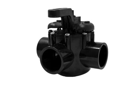 Black Pentair 3-port CPVC diverter valve with top lever handle and three pipe connections