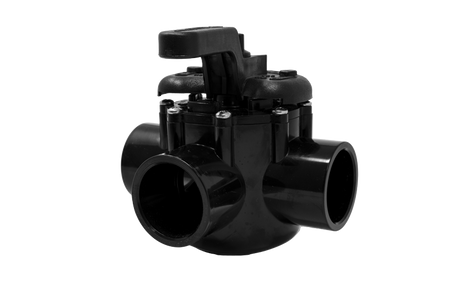 Black 3-port CPVC diverter valve with 2-inch to 2.5-inch fittings and top lever handle
